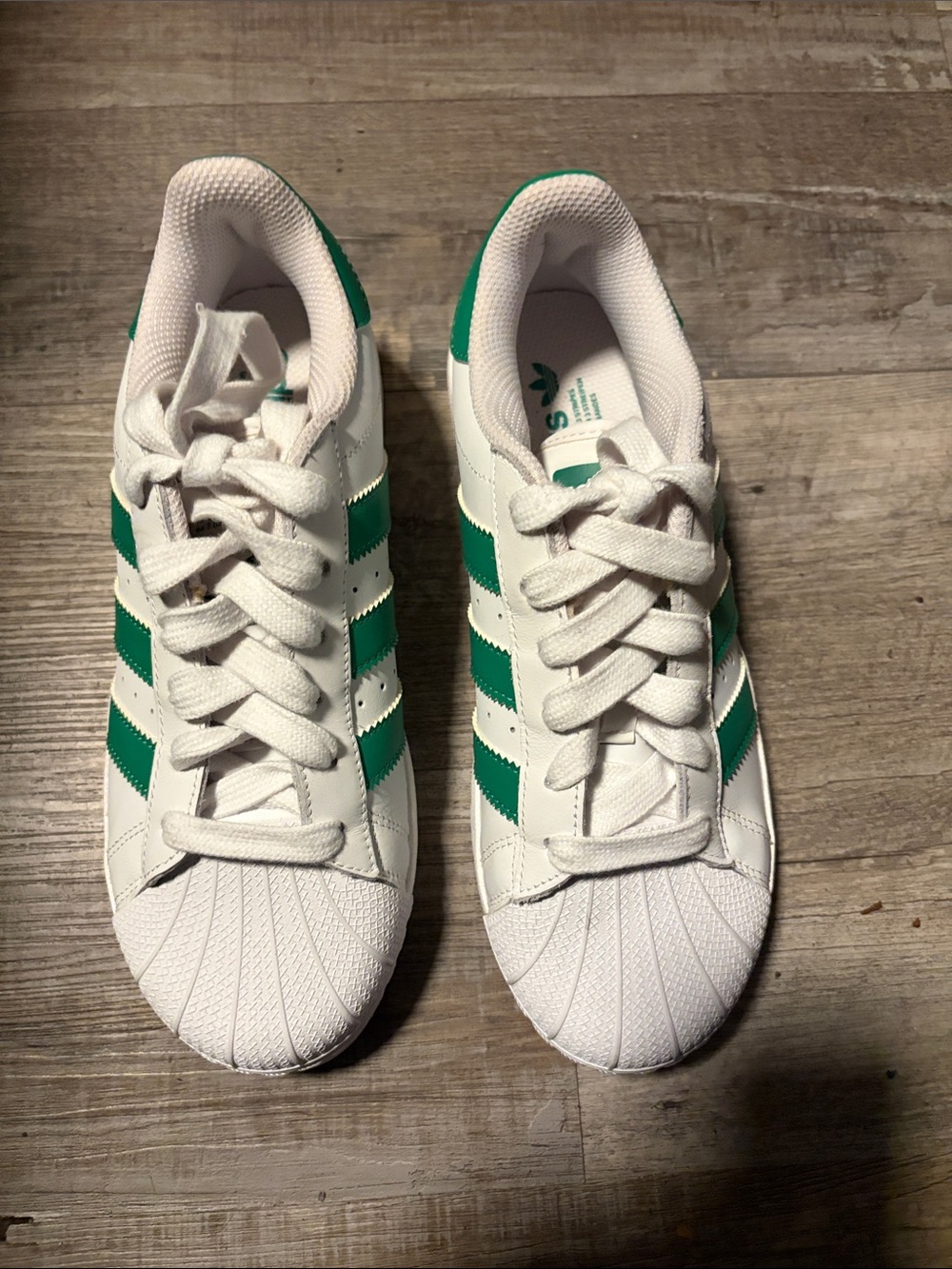 adidas White and Green Superstar Shell-Toe Sneakers